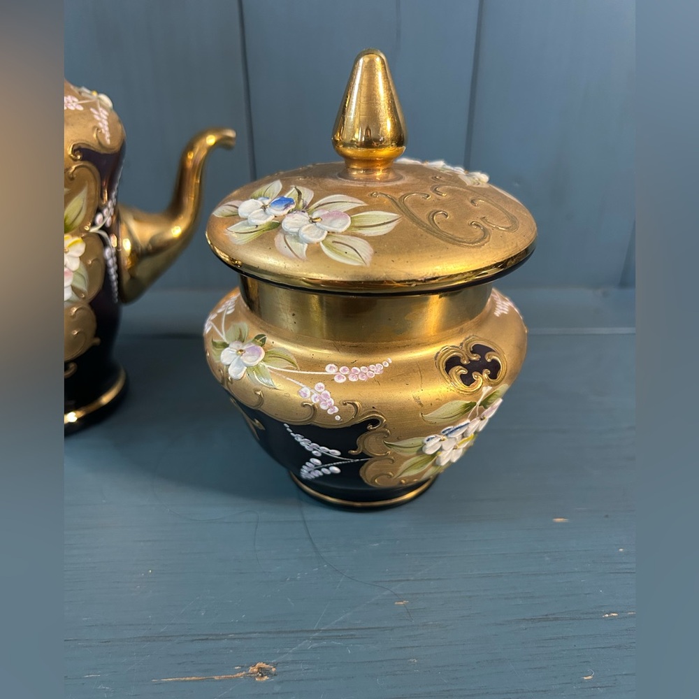 Vintage Murano Venetian 22K Gold and Purple Floral Sugar Bowl
